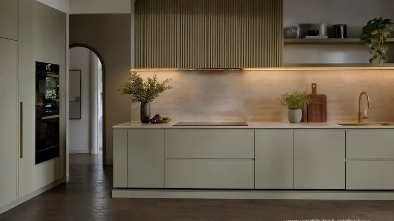 Finished sage green kitchen with fluted overhead cabinets