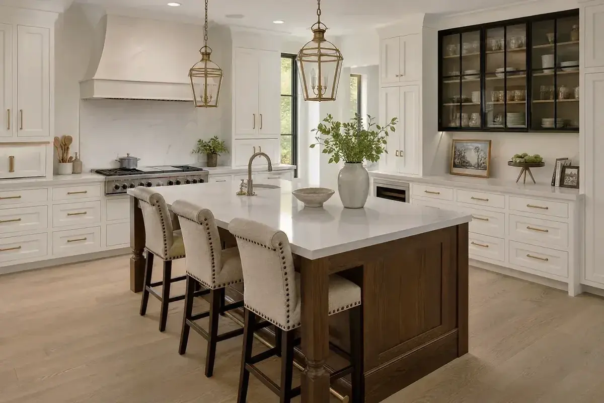 White shaker kitchen with timber island and brass pendants
