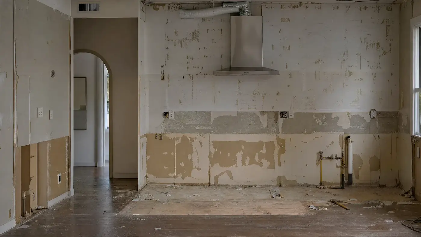 Kitchen stripped back to bare walls before the new cabinetry