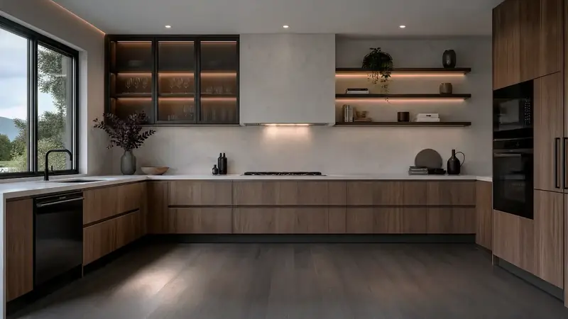 Walnut veneer cabinetry with lit open shelving