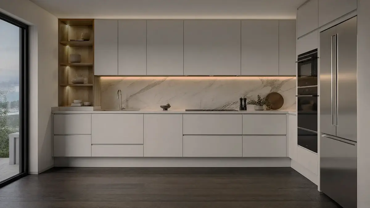 Soft grey handleless kitchen with marble splashback