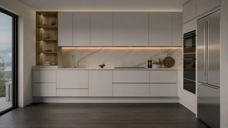 Handleless cabinetry with a marble splashback