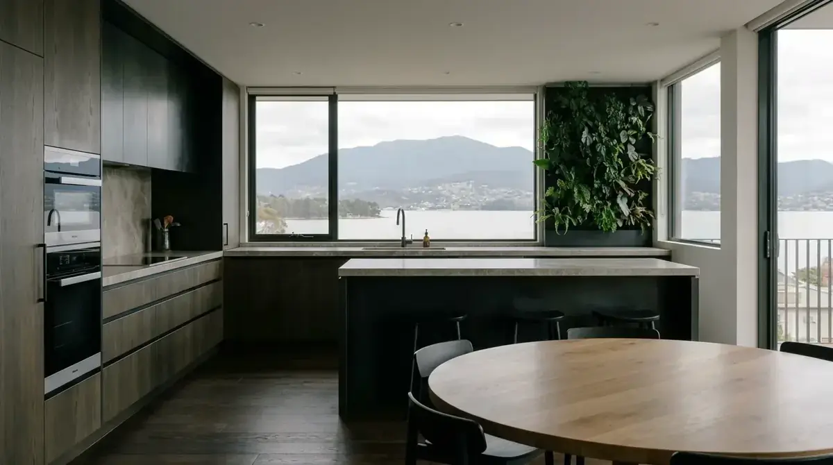Dark timber kitchen with a harbour view