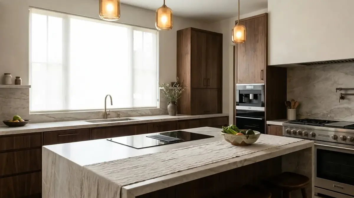 Walnut kitchen with a stone waterfall island and amber pendants
