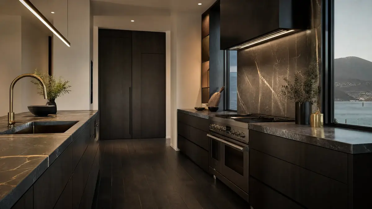 Dark timber kitchen with veined stone benchtops and a view over the Derwent