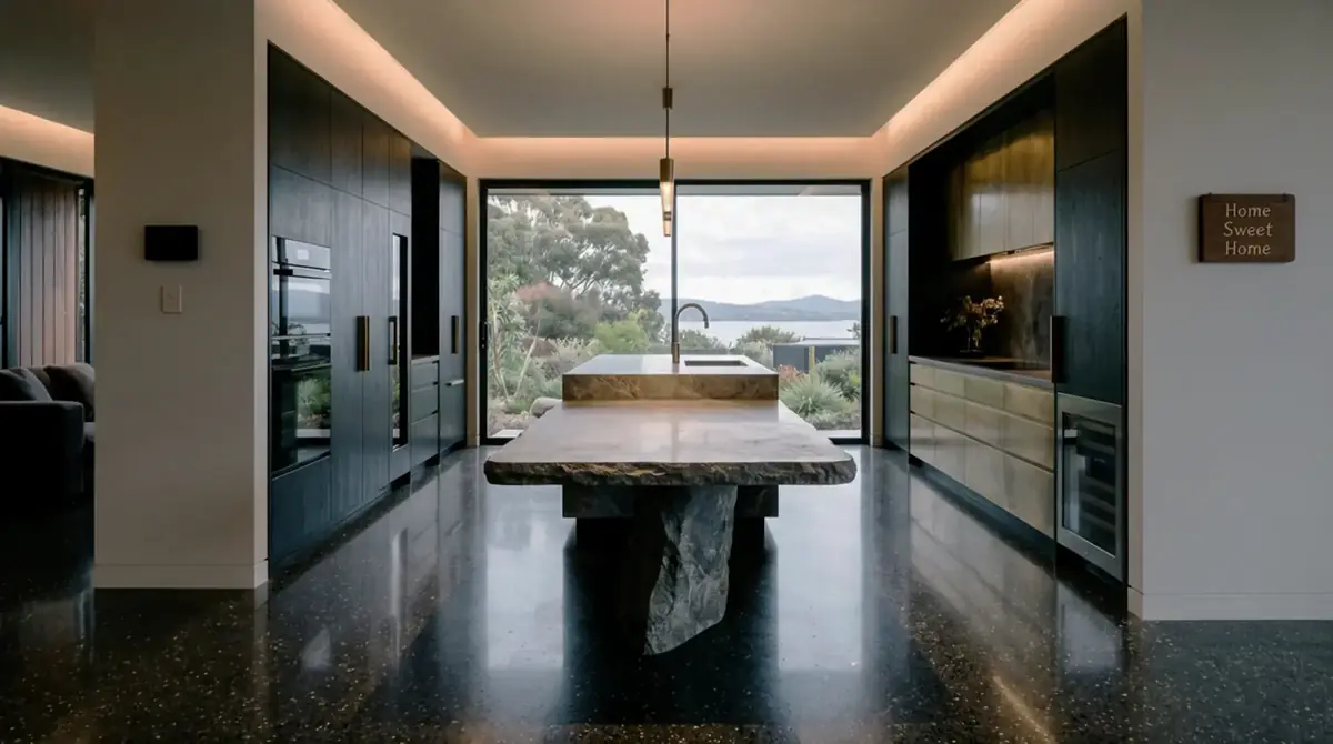Stone island bench with dark timber cabinetry, Sandy Bay