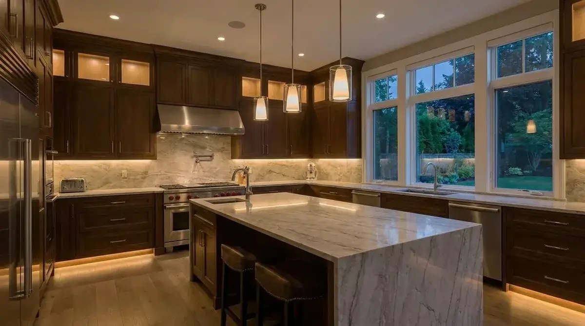 Dark timber kitchen with a marble island and lit upper cabinets